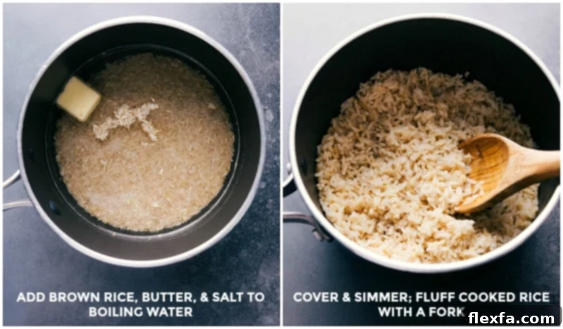 Process shot showing a pot of brown rice cooking on the stovetop, a key component for the Harvest Bowl.