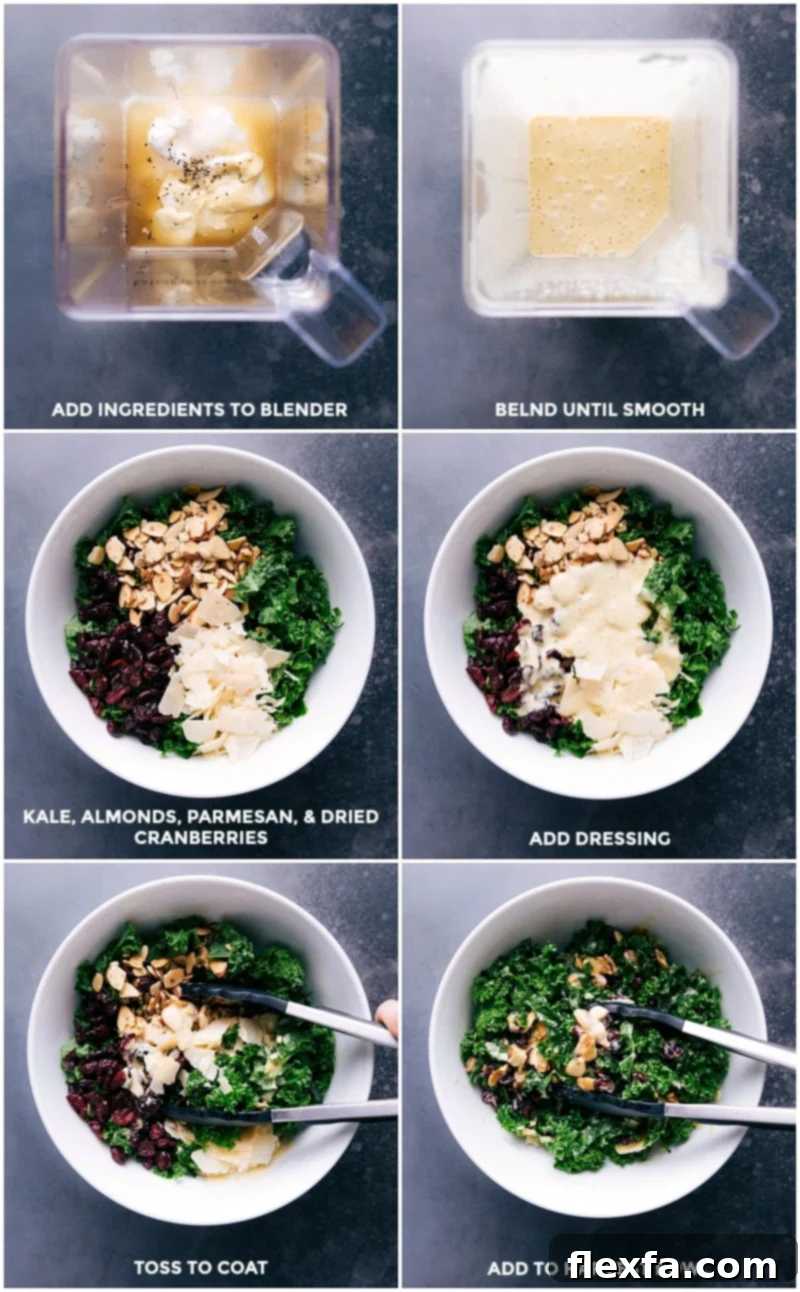 Process shots demonstrating how to make the quick kale salad: preparing the dressing, combining salad ingredients, adding dressing, and tossing to coat thoroughly.