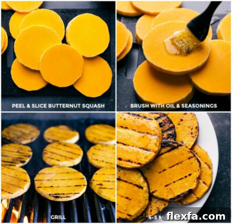 Process shots illustrating the preparation and grilling of butternut squash slices for the Harvest Bowl, showing peeling, slicing, and grilling.