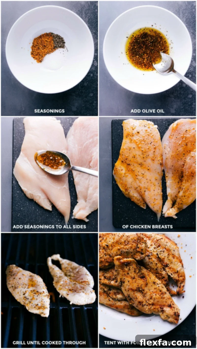 Process shots showing how to prepare and grill chicken for the Harvest Bowl: combining seasonings, adding olive oil, spreading seasoning over chicken, grilling until cooked, and tenting with foil before slicing.