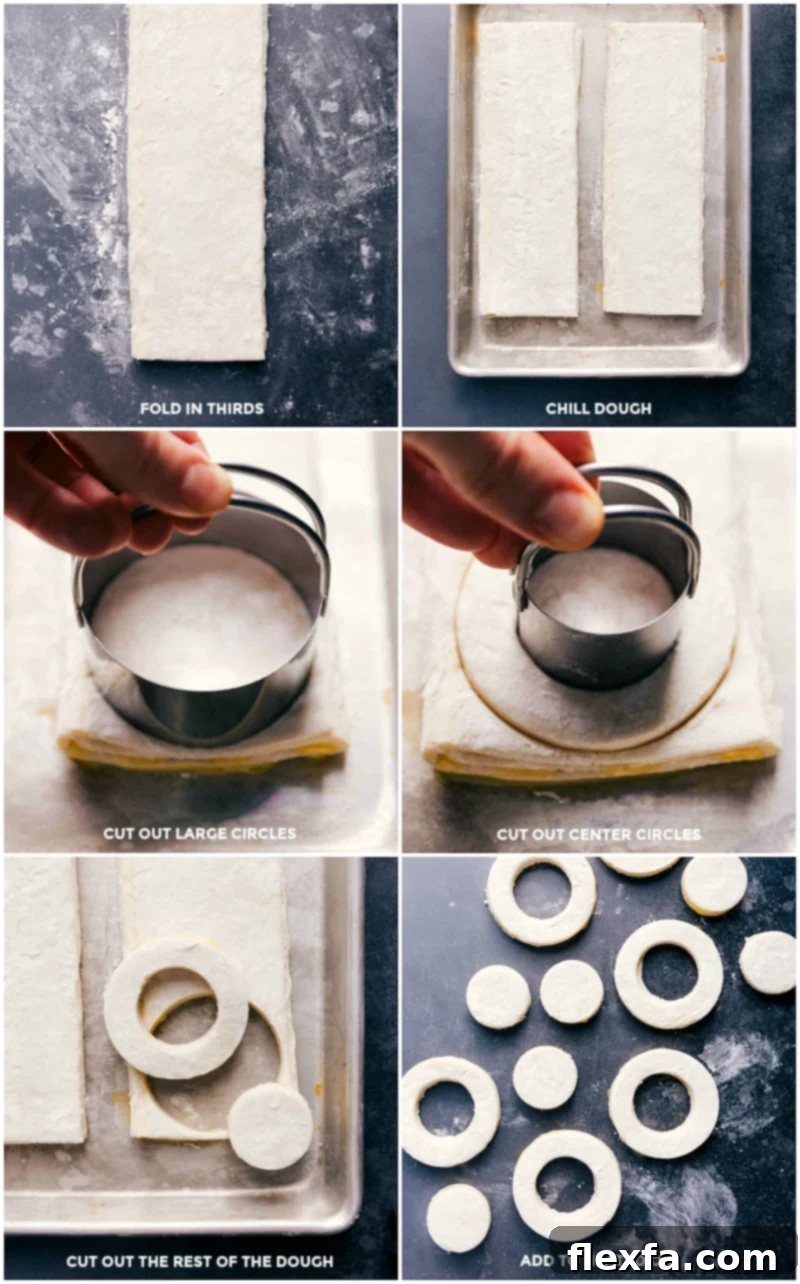 Step-by-step imagery of cronut creation: folding puff pastry, chilling, cutting circles, and frying in hot oil.