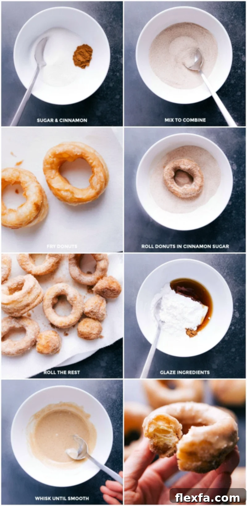 Image displaying stages of cronut preparation: frying pastry, rolling in cinnamon-sugar, and drizzling with a delicious glaze.