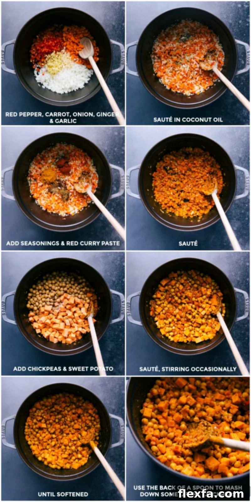 Freshly chopped vegetables including carrots, red pepper, onion, chickpeas, and sweet potatoes being sautéed in a large pan with aromatic seasonings, creating a vibrant mix.