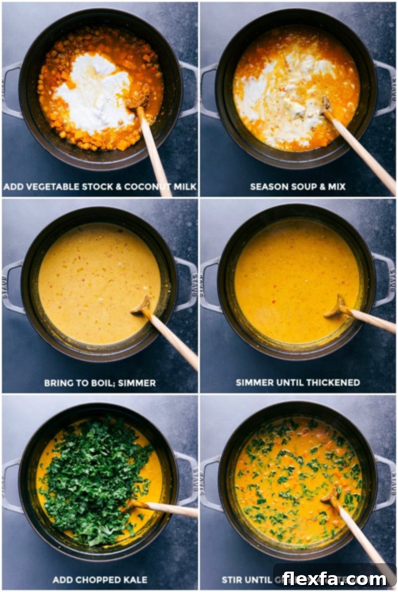 The process of making the soup: adding vegetable stock and full-fat coconut milk to the sautéed vegetables, bringing the mixture to a boil, simmering until it thickens, and finally stirring in fresh kale until tender.