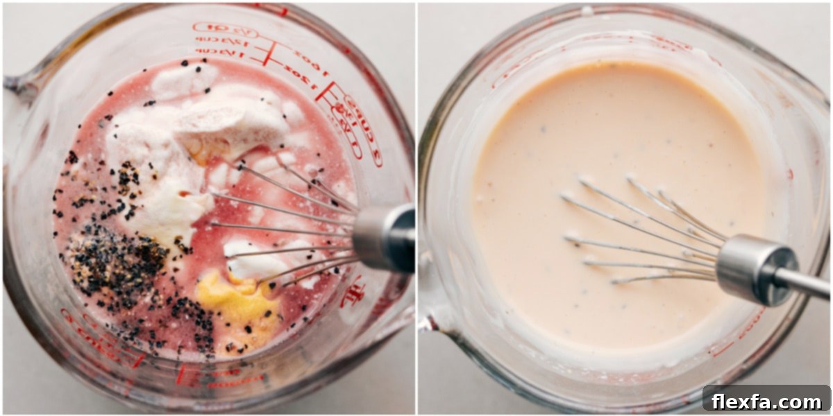 Mixing the Homemade Dressing for Broccoli Salad Close-up of a whisk blending a creamy, light yellow dressing in a small glass bowl, with a variety of colorful ingredients for broccoli salad blurred in the background.