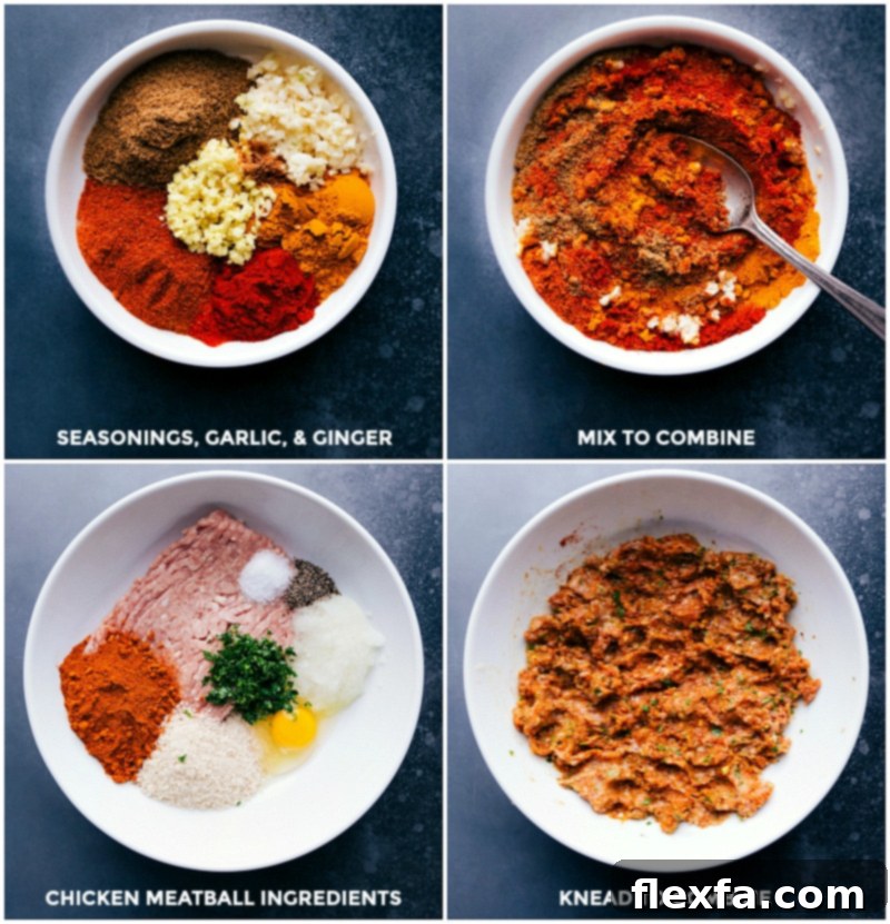 Combining seasoning ingredients and adding them to the mixture, then kneading to ensure everything is thoroughly mixed, showing the hands-on process.