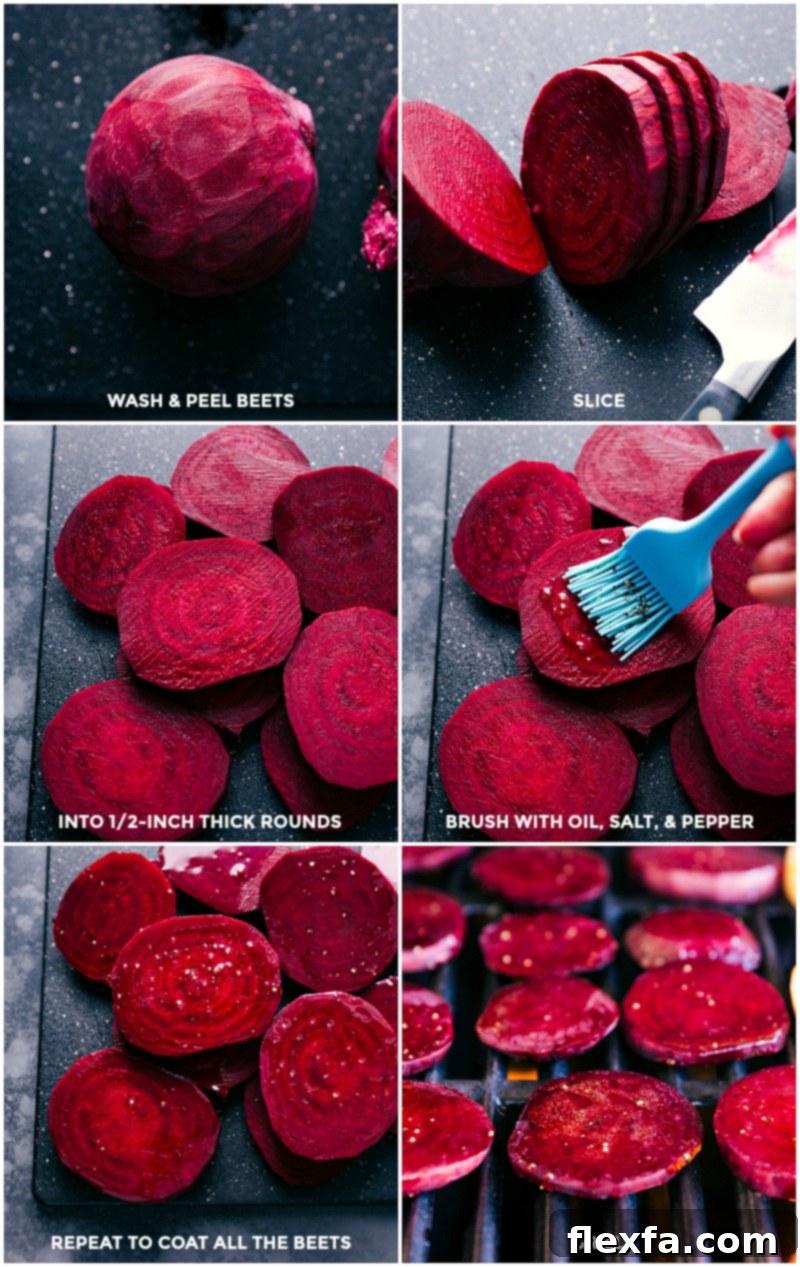 Process shots showing raw beets being trimmed, peeled, and sliced into rounds, then carefully placed directly on hot grill grates to cook to tender perfection