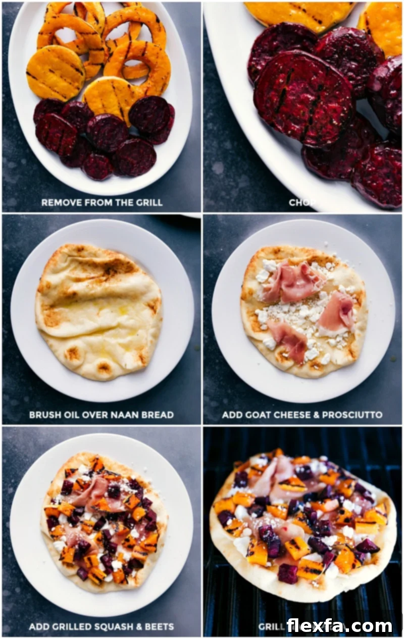 Process images showing the flatbread assembly: naan bread being topped with creamy goat cheese, thinly sliced prosciutto, grilled beets, and grilled butternut squash, then carefully placed on the grill