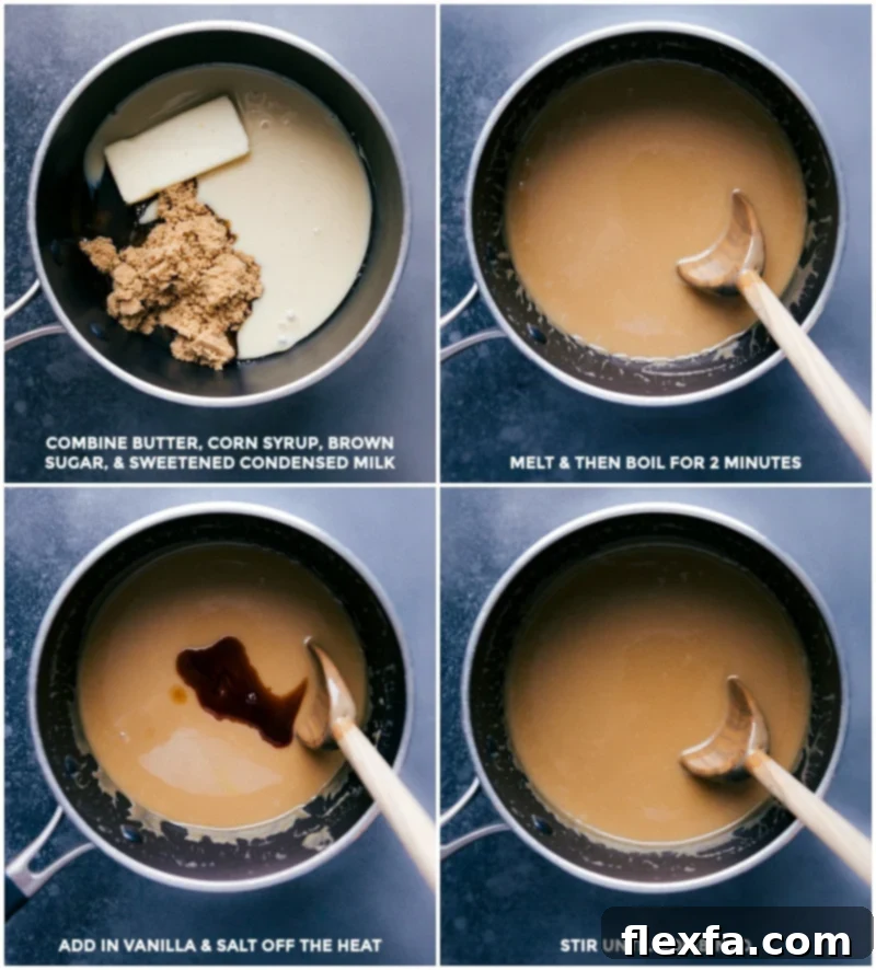Step-by-step imagery showing the caramel sauce making process: combining ingredients in a saucepan, melting and boiling for 2 minutes, then adding vanilla and salt and stirring to combine for a smooth finish.