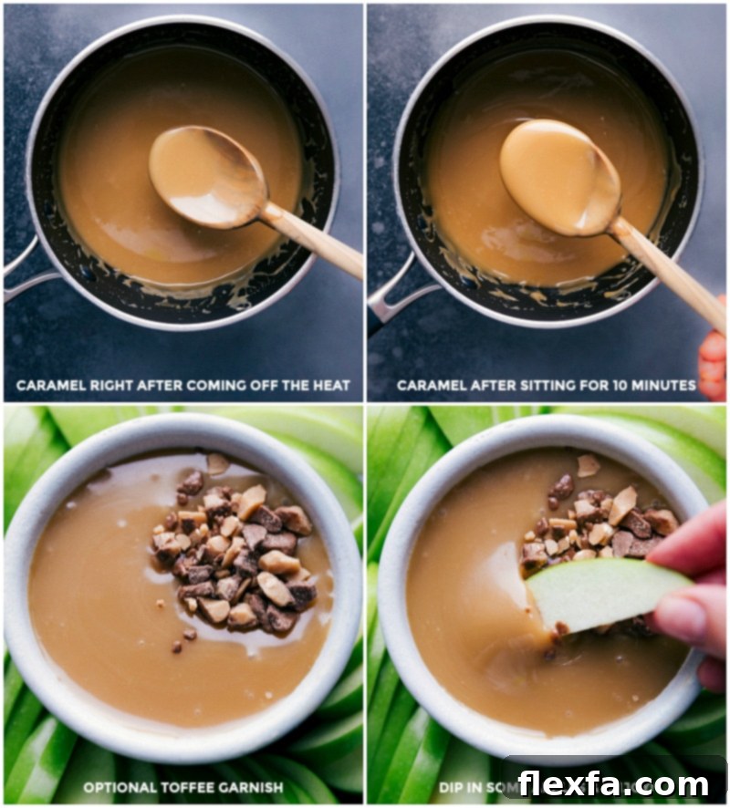 A two-part image showing freshly cooked caramel sauce, still warm and glossy, alongside a cooled portion that has thickened, with slices of apple being dipped into the creamy, smooth, and utterly delicious sauce. A small bowl of optional toffee garnish is also visible.