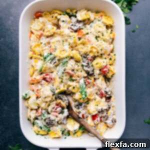 The finished creamy casserole with tortellini fresh out of the oven, ready to be enjoyed as a savory and delicious meal.