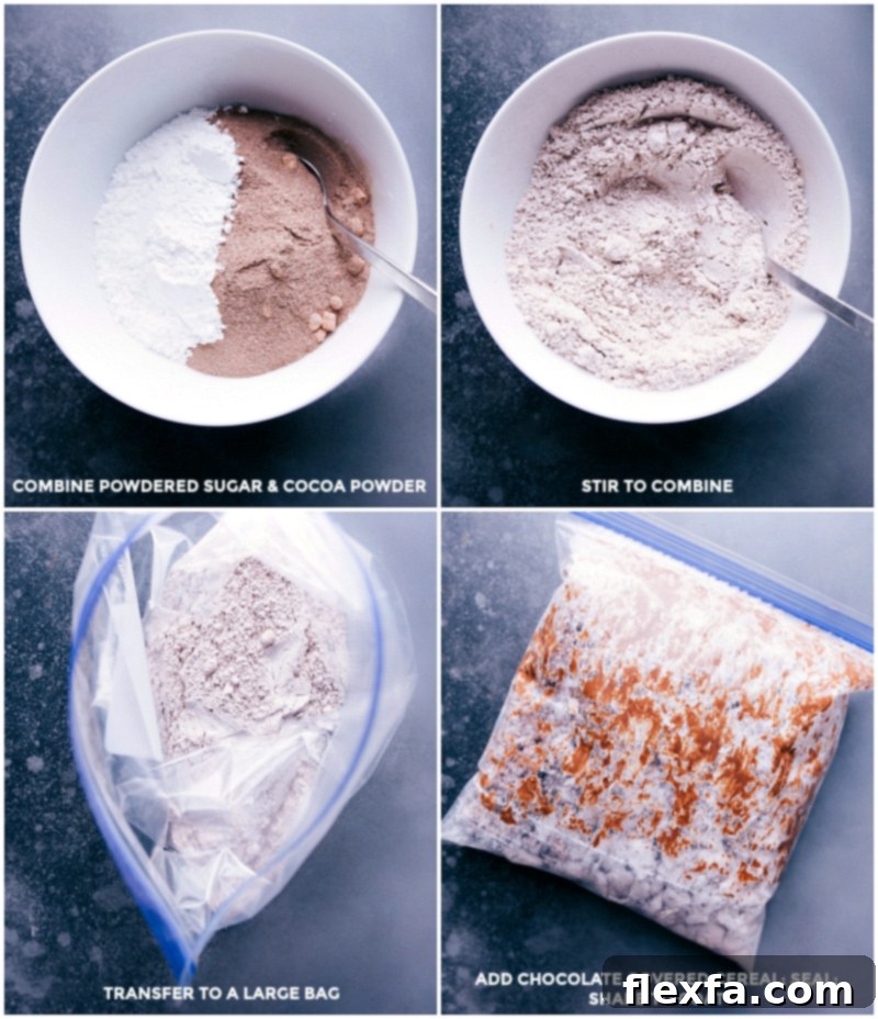 Process shots showing the creation of Hot Chocolate Snack Mix: powdered sugar and hot cocoa mix being combined, cereal coated in melted chocolate, and all ingredients shaken together in a bag.