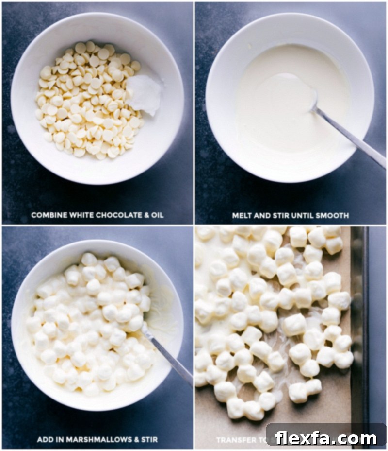 Process shots showing how to make white chocolate marshmallows: melting white chocolate with coconut oil, stirring in marshmallows, and spreading them on a sheet pan to cool and harden.