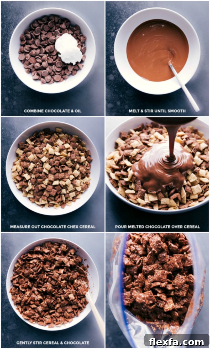 Process shots detailing the melting of chocolate and coconut oil, coating Chocolate Chex cereal, and then transferring it to a plastic bag with hot cocoa mix and powdered sugar for a thorough coating.