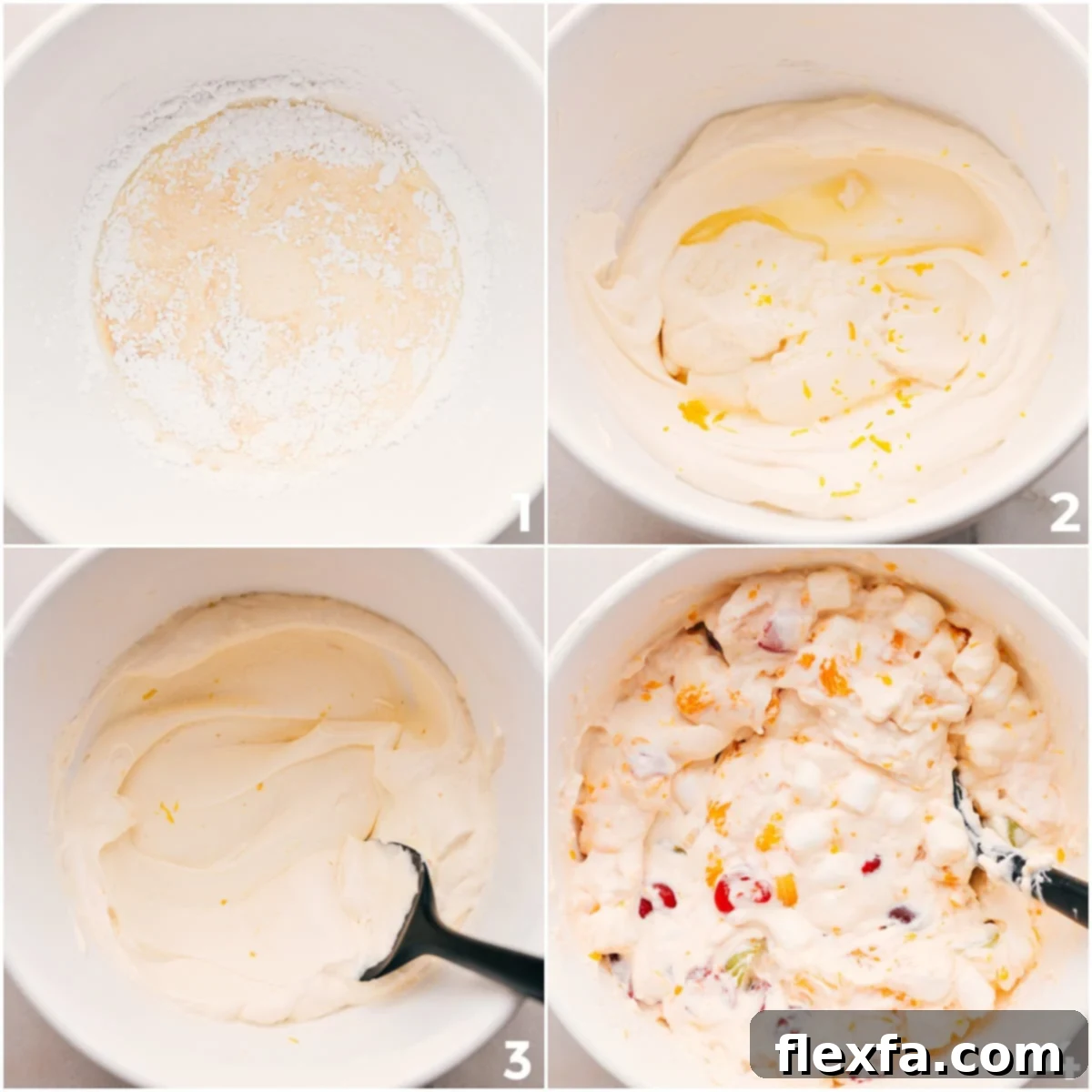 The fluffy whipped cream mixture being gently folded into the colorful bowl of fruit and marshmallows, ensuring every piece is coated.