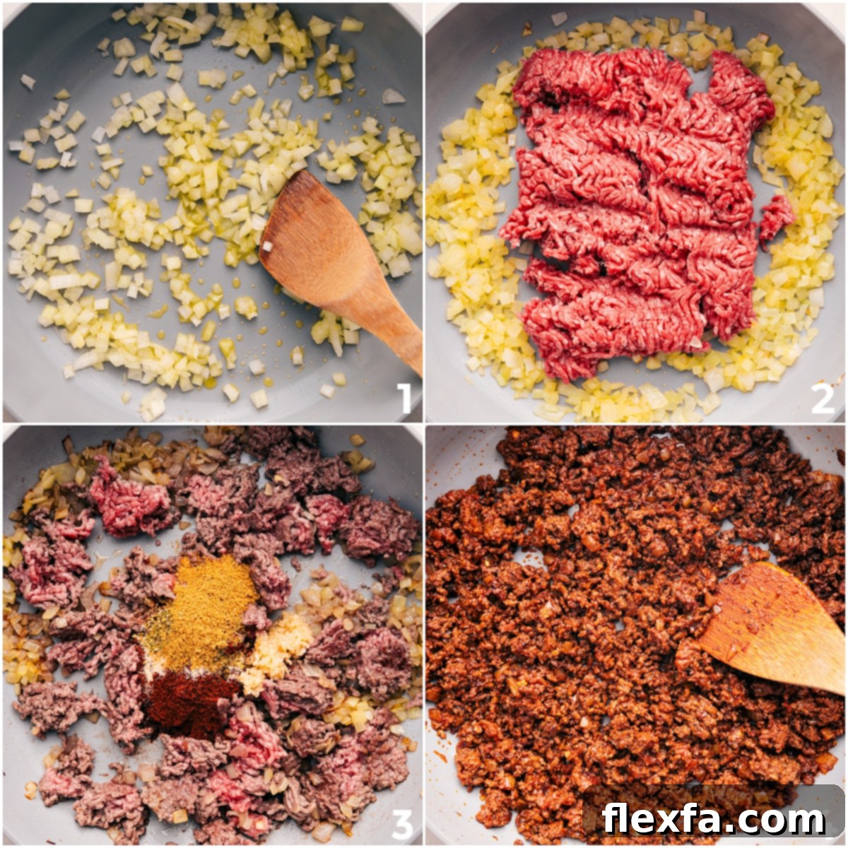 Brown Beef For Taco Stuffed Sweet Potatoes The onions are sautéed, followed by browning the ground beef and mixing in the seasonings.