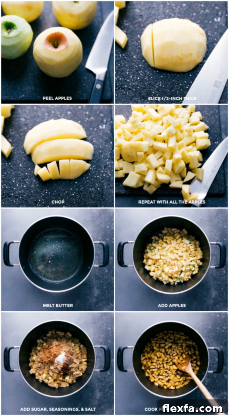 A step-by-step visual guide to preparing the apple pie filling: peeling apples, cutting them into small pieces, melting butter in a pan, and adding apples, sugar, various seasonings, and salt to cook until softened.