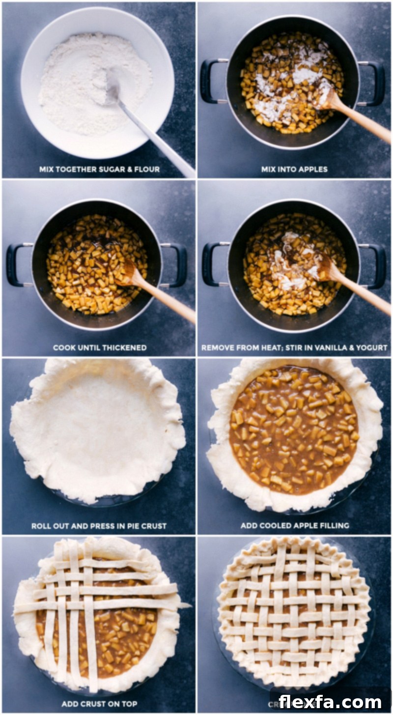 The process of assembling an apple pie: combining sugar and flour, mixing into cooked apples to thicken, removing from heat to stir in vanilla and yogurt, rolling out one crust for the pie pan, adding the cooled apple filling, then topping with the second crust and crimping the edges for a decorative seal.