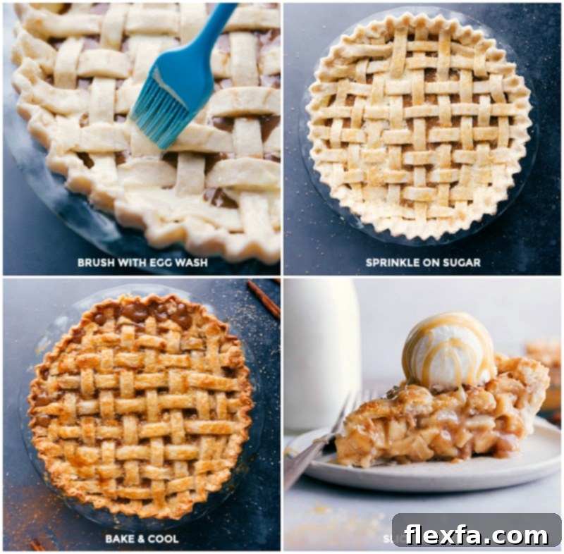 A freshly baked apple pie, brushed with an egg wash and sprinkled with sparkling sugar, cooling on a rack, ready to be sliced and served.