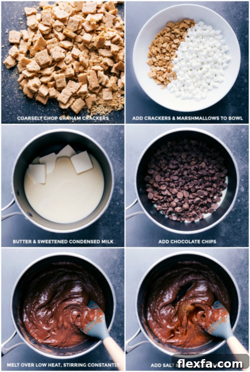 Step-by-step preparation of S'mores Fudge ingredients: chopping graham crackers, melting chocolate, and combining for an easy holiday treat. Process shots showing graham crackers and marshmallows being prepared, butter and condensed milk heating, chocolate melting, and final mixing steps for S'mores Fudge.