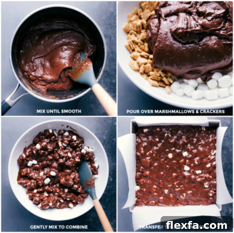 Mixing and chilling steps for Homemade S'mores Fudge, combining rich chocolate with graham crackers and marshmallows. Process shots: smooth chocolate mixture, pour over marshmallows and crackers, gentle mix, transfer to pan, and chill for S'mores Fudge.