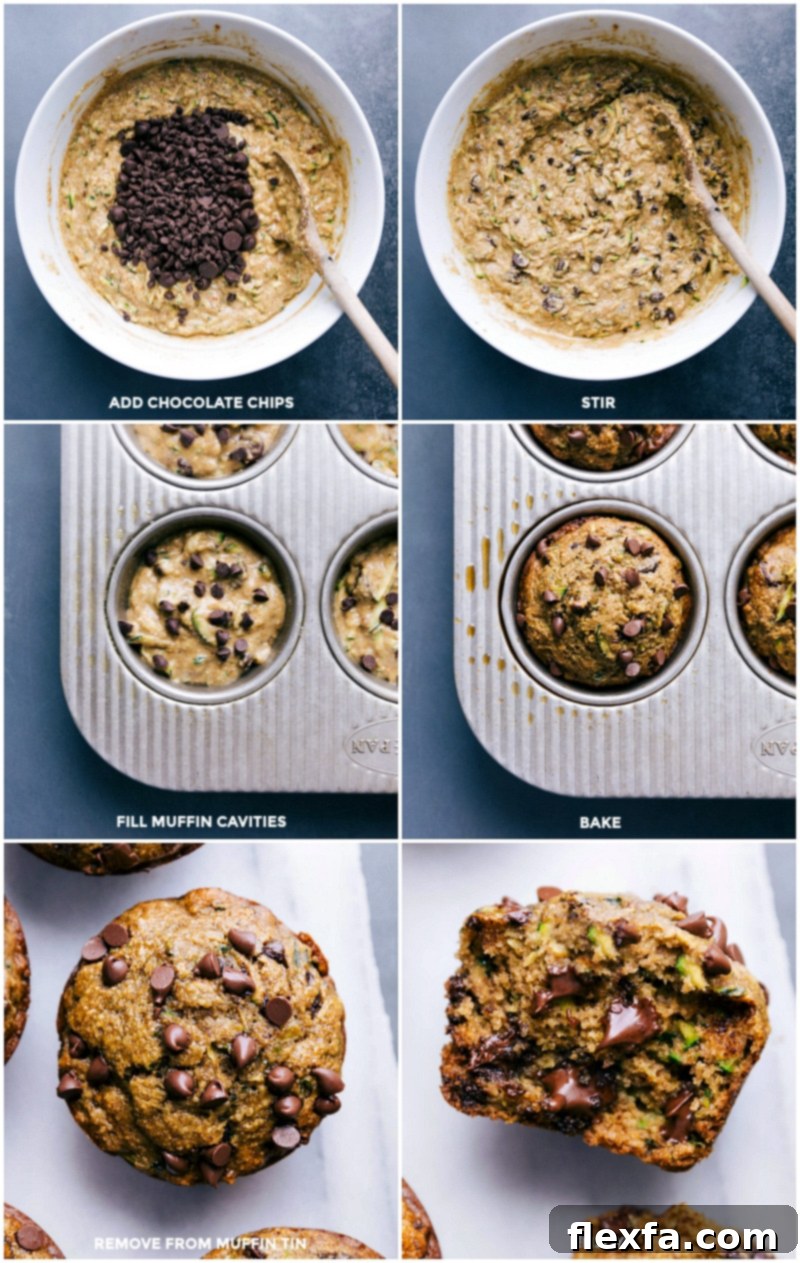 Adding chocolate chips, stirring, filling tins, baking, removing from the oven, and ready to eat.