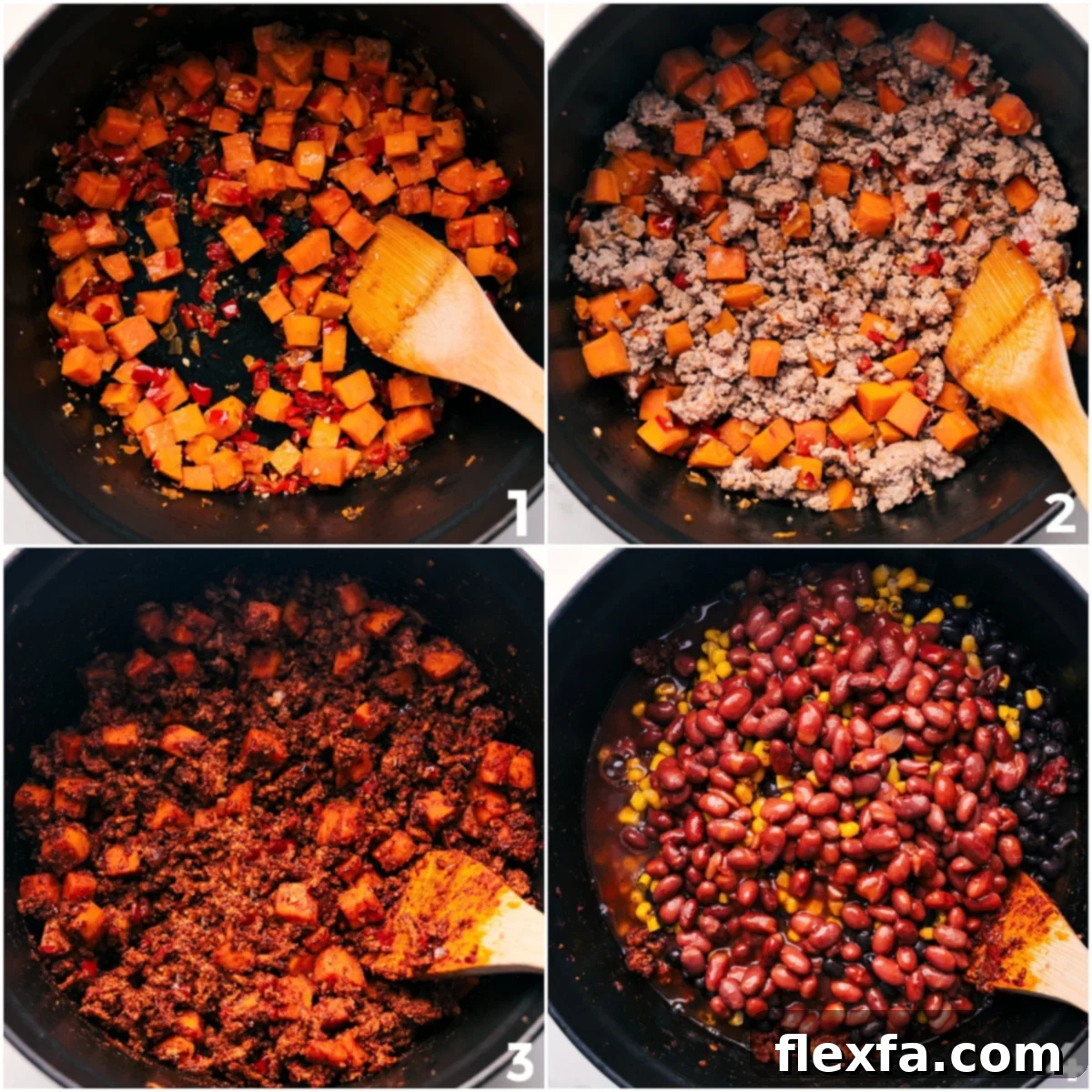 A visual sequence demonstrating the making of Turkey Chili: first, colorful vegetables sautéing, followed by ground turkey browning and seasoning, and finally, all ingredients simmering together in a pot.