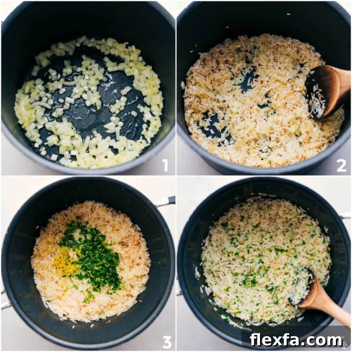 How to cook lemon-parsley rice for Greek Ground Turkey Bowls: Sauté onions and rice, then simmer with broth and lemon.