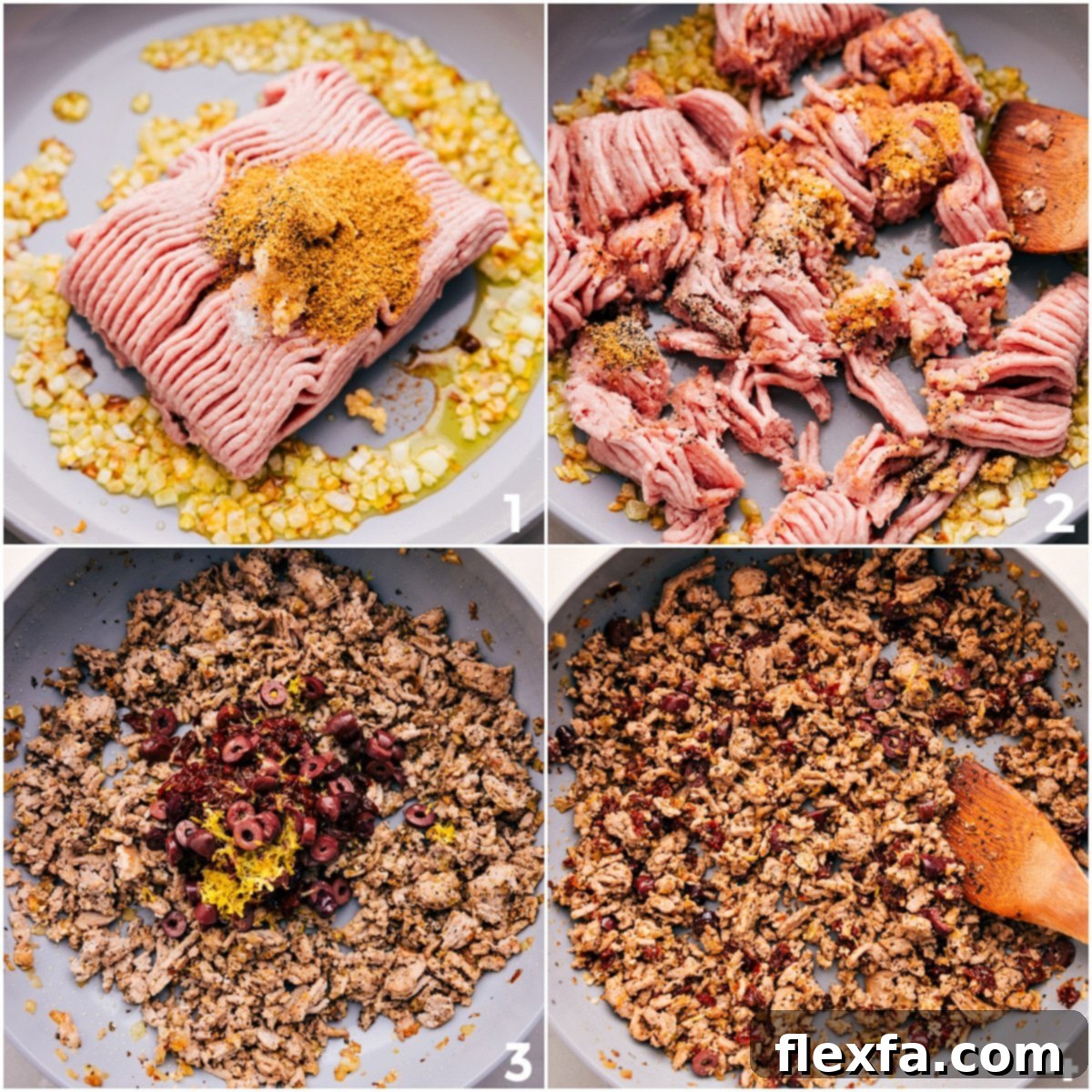 Browning ground turkey with onions and garlic, then mixing in Greek seasonings, olives, and lemon for flavor.