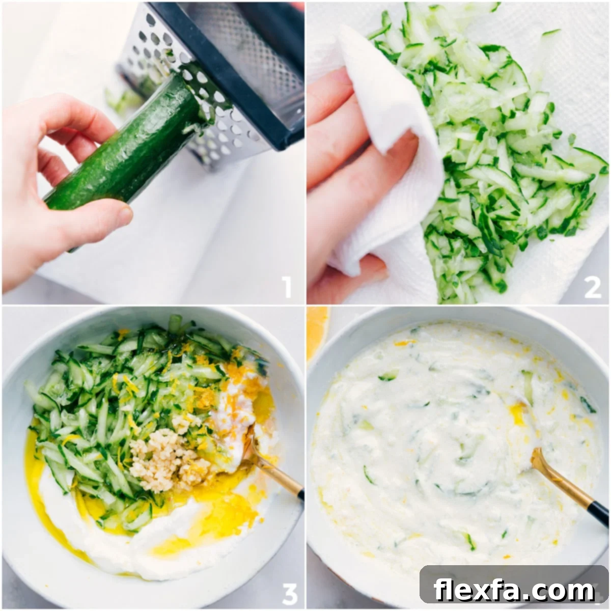 A simple and delicious homemade tzatziki sauce in a bowl, ready to top Greek Ground Turkey Bowls.