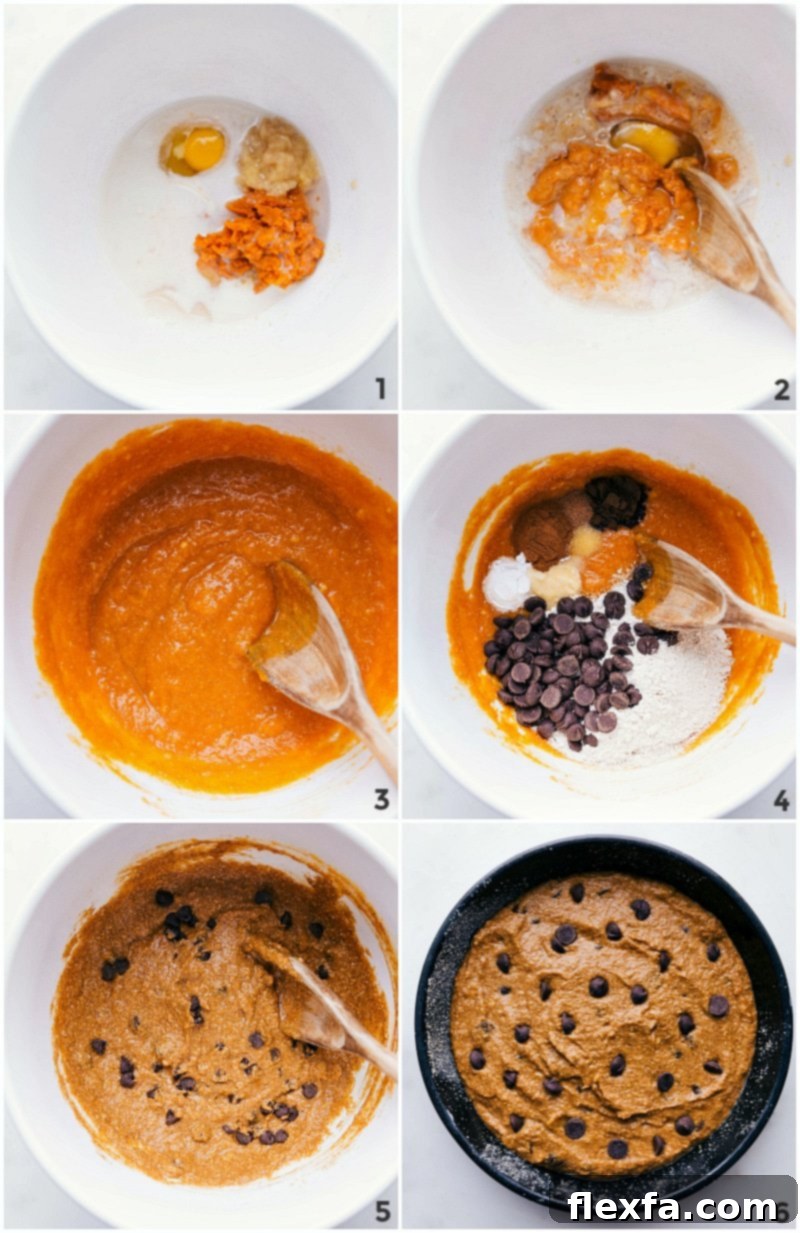 Creating Cake Batter: Mixing Wet and Dry Ingredients and Adding Batter to Tin A visual guide showing the steps: combining wet ingredients, mixing, adding dry ingredients, final mix, and pouring batter into a prepared baking tin for a gluten-free pumpkin cake.