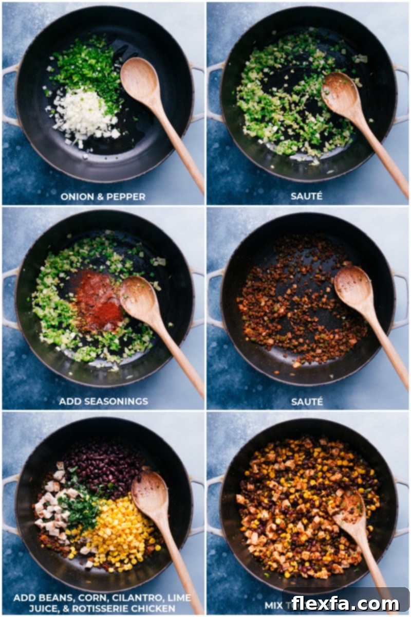 Process shots: Sauté onions and peppers; add seasonings and continue cooking; add beans, corn, cilantro, lime juice and chicken; mix well to combine.