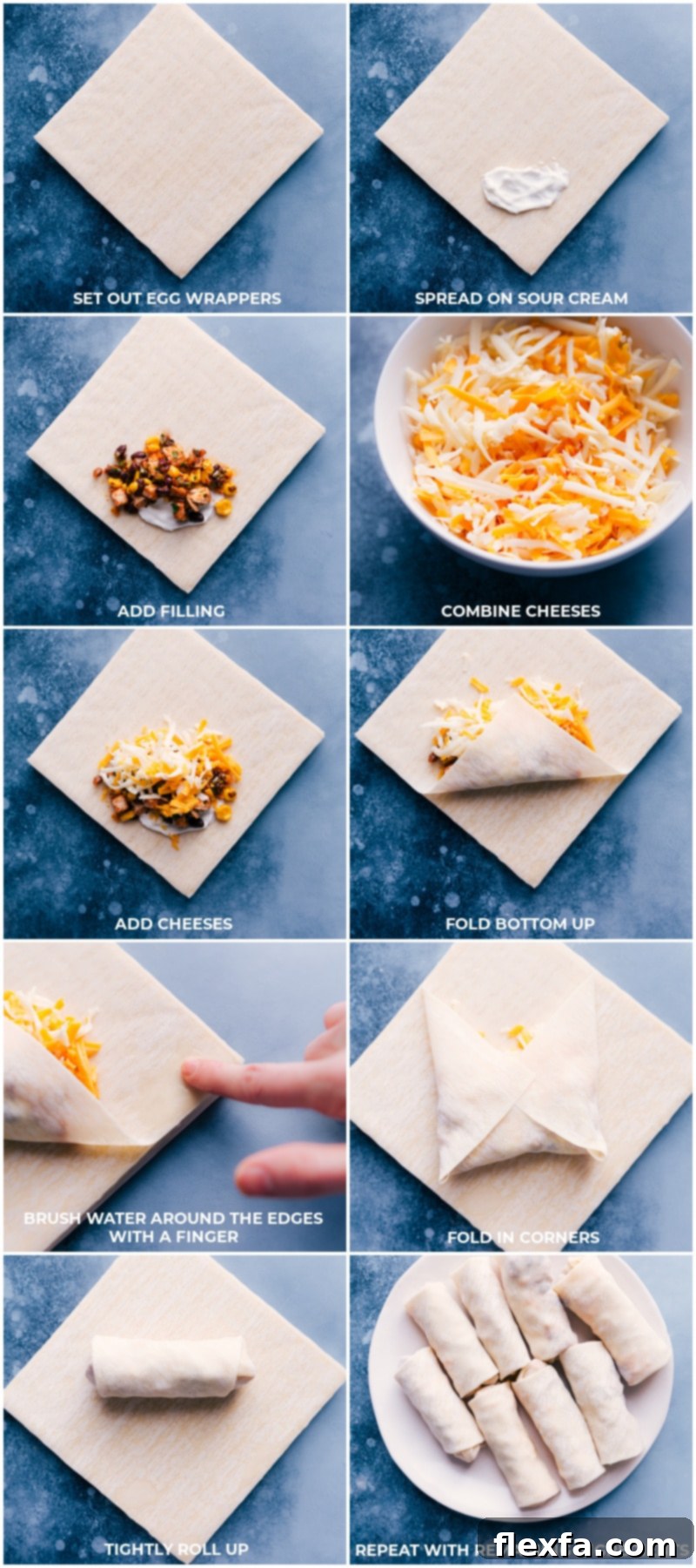 Process shots: set out egg roll wrappers, spread on sour cream; add filling; combine and add cheeses; fold up bottom, brush water around edges; fold in corners; tightly roll and continue with the remaining wrappers.