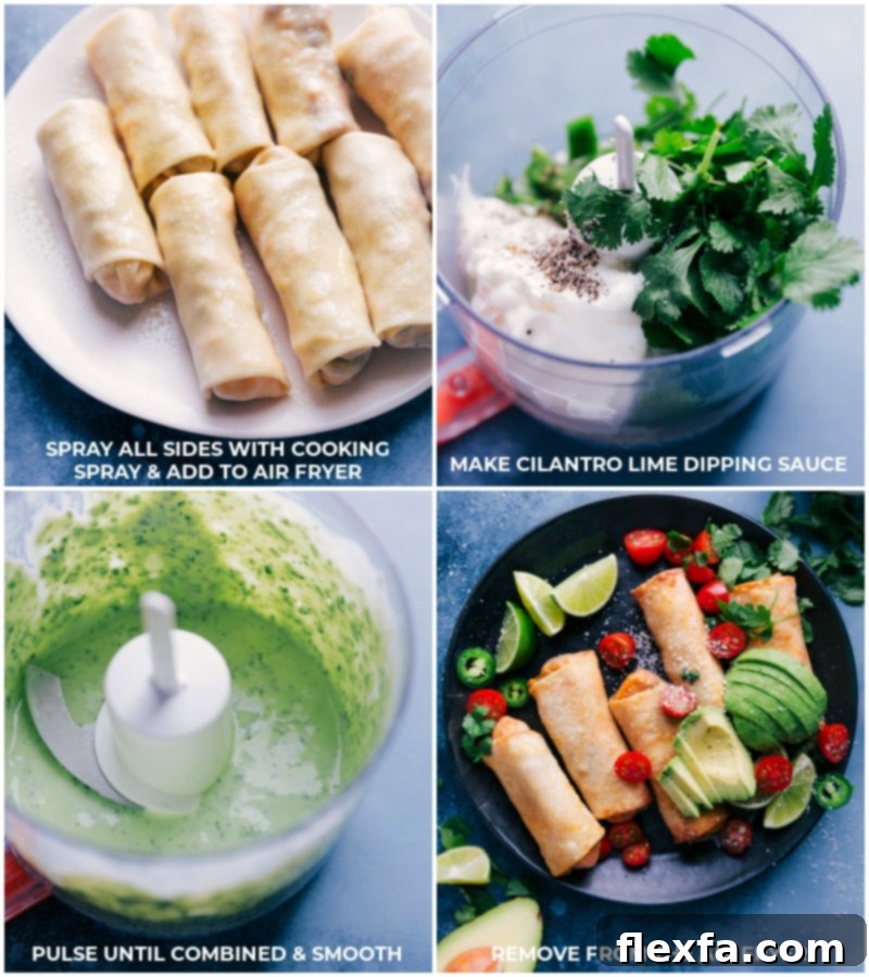 Process shots: spray all sides of the eggroll with cooking spray; make cilantro-lime dipping sauce; remove egg rolls from the air fryer and serve.