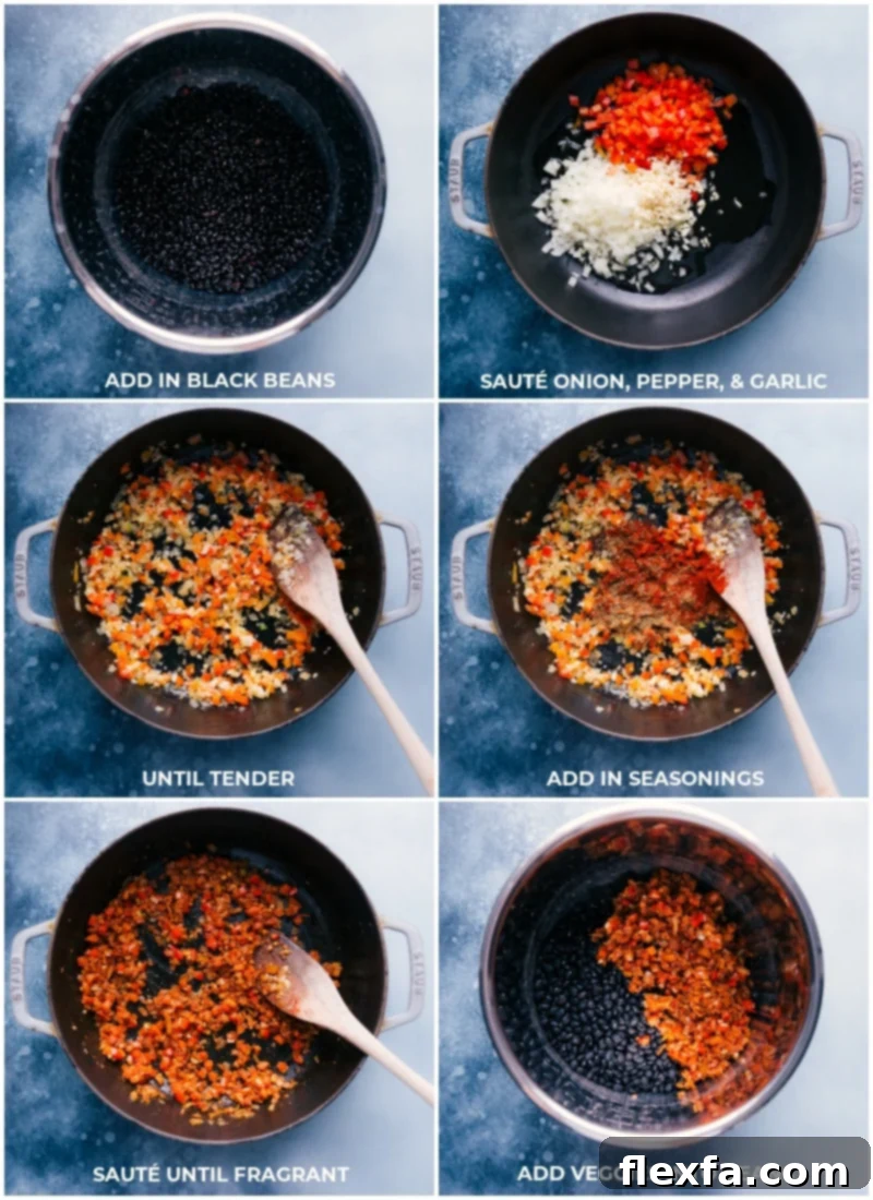 Process shots of making Black Beans: adding rinsed beans to the pot; sautéing diced onion, red bell pepper, and minced garlic until tender; incorporating aromatic spices; then adding the sautéed mixture to the pot with the beans and liquids.