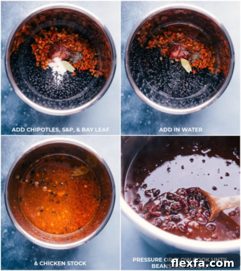 Process shots of Black Beans cooking: adding chipotle peppers, salt, pepper, and seasoning to the pot; adding water and chicken stock; cooking until beans are tender and flavorful.