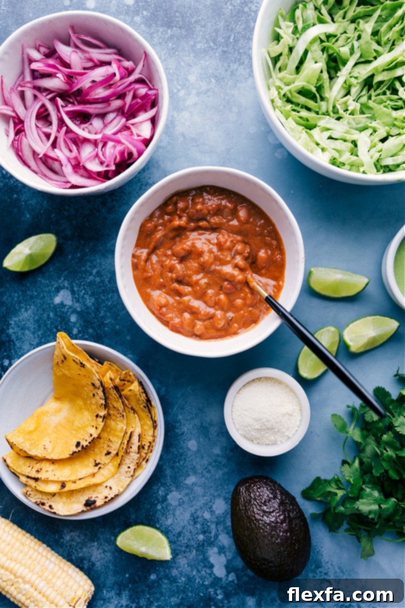 A colorful array of fresh taco ingredients including charrred tortillas, shredded cabbage, sliced avocado, corn kernels, and limes.
