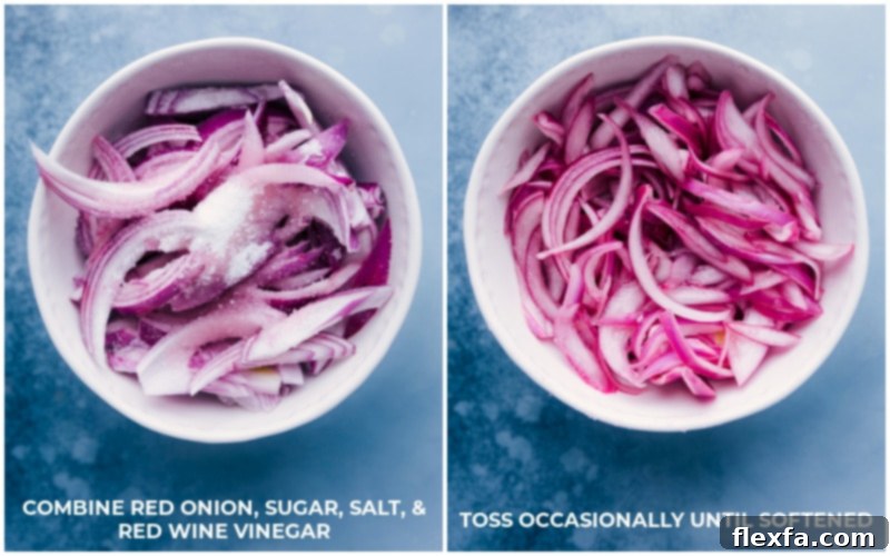 Close-up shot of thinly sliced red onions soaking in a pickling liquid in a glass bowl, creating a vibrant color.
