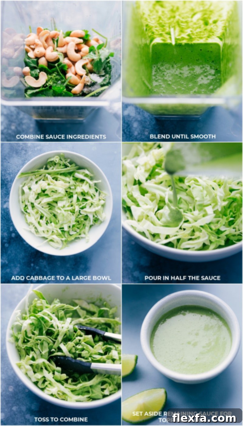 Close-up shot of the vibrant green cilantro-cashew sauce being poured from a blender into a bowl.
