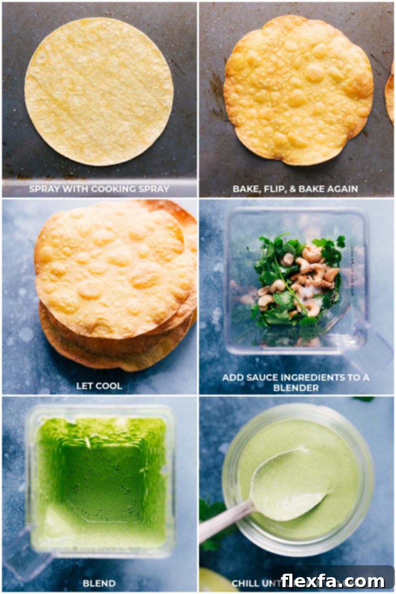 Making crispy baked tostada shells and the vibrant cilantro-cashew sauce. Process shots showing the baking of tortillas to make crispy tostada shells and the blending of ingredients for the cilantro-cashew sauce.