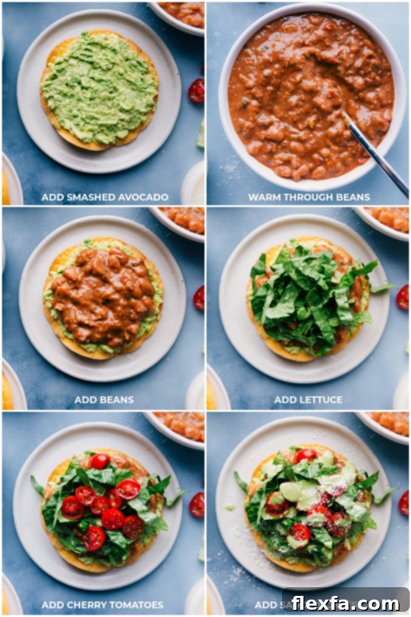 Assembling Bean Tostadas with avocado, pinto beans, fresh toppings, and cilantro-cashew sauce. Process shots demonstrating the assembly of Bean Tostadas, starting with smashed avocado, followed by spiced beans, fresh lettuce, juicy tomatoes, and a drizzle of cilantro-cashew sauce with cheese.
