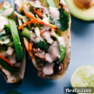 Korean Beef Tacos with crunchy slaw and Sriracha-lime sauce.