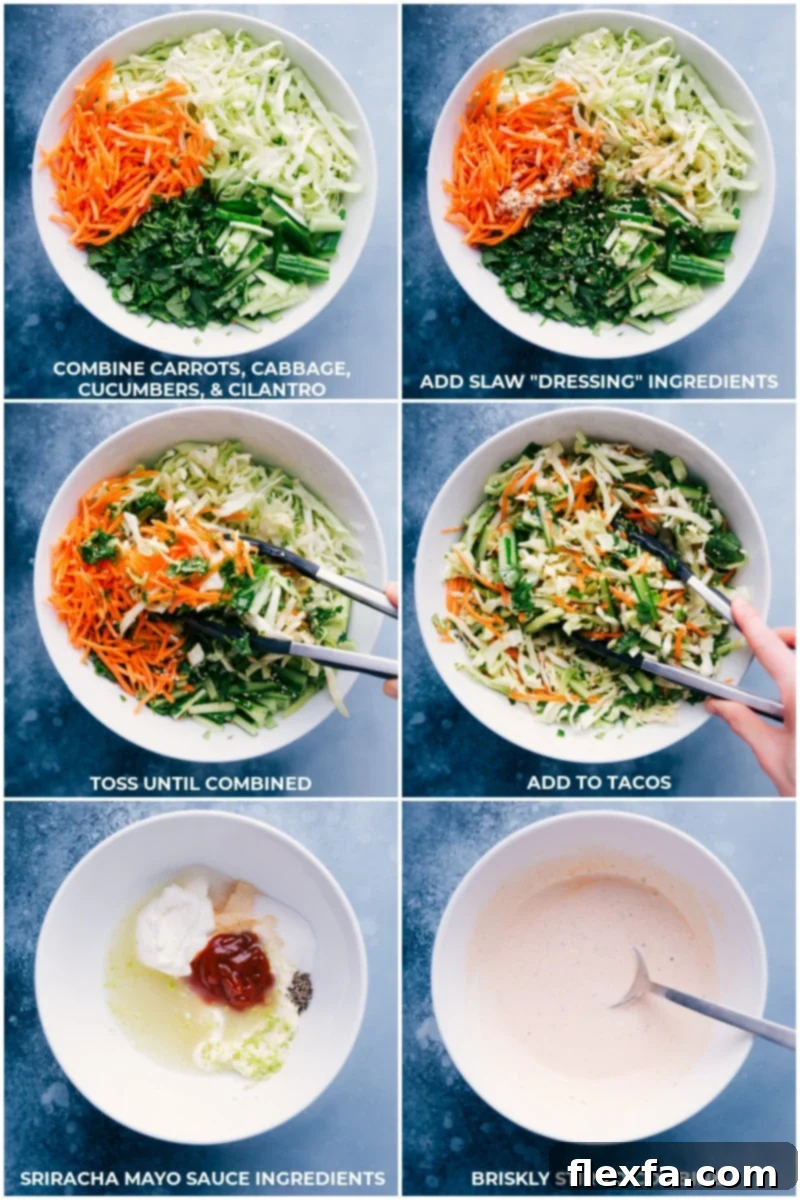 Process shots illustrating the preparation of the slaw and Sriracha-lime sauce for Korean Beef Tacos. Images show combining carrots, cabbage, cucumbers, and cilantro for the slaw, then adding dressing ingredients and tossing. Another image depicts combining Sriracha sauce ingredients and stirring briskly to create a smooth, zesty sauce.