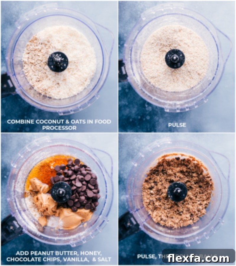 A step-by-step visual guide showing how to prepare Oatmeal Energy Balls: grinding oats and coconut, adding wet ingredients, blending, and finally rolling into perfect spheres.