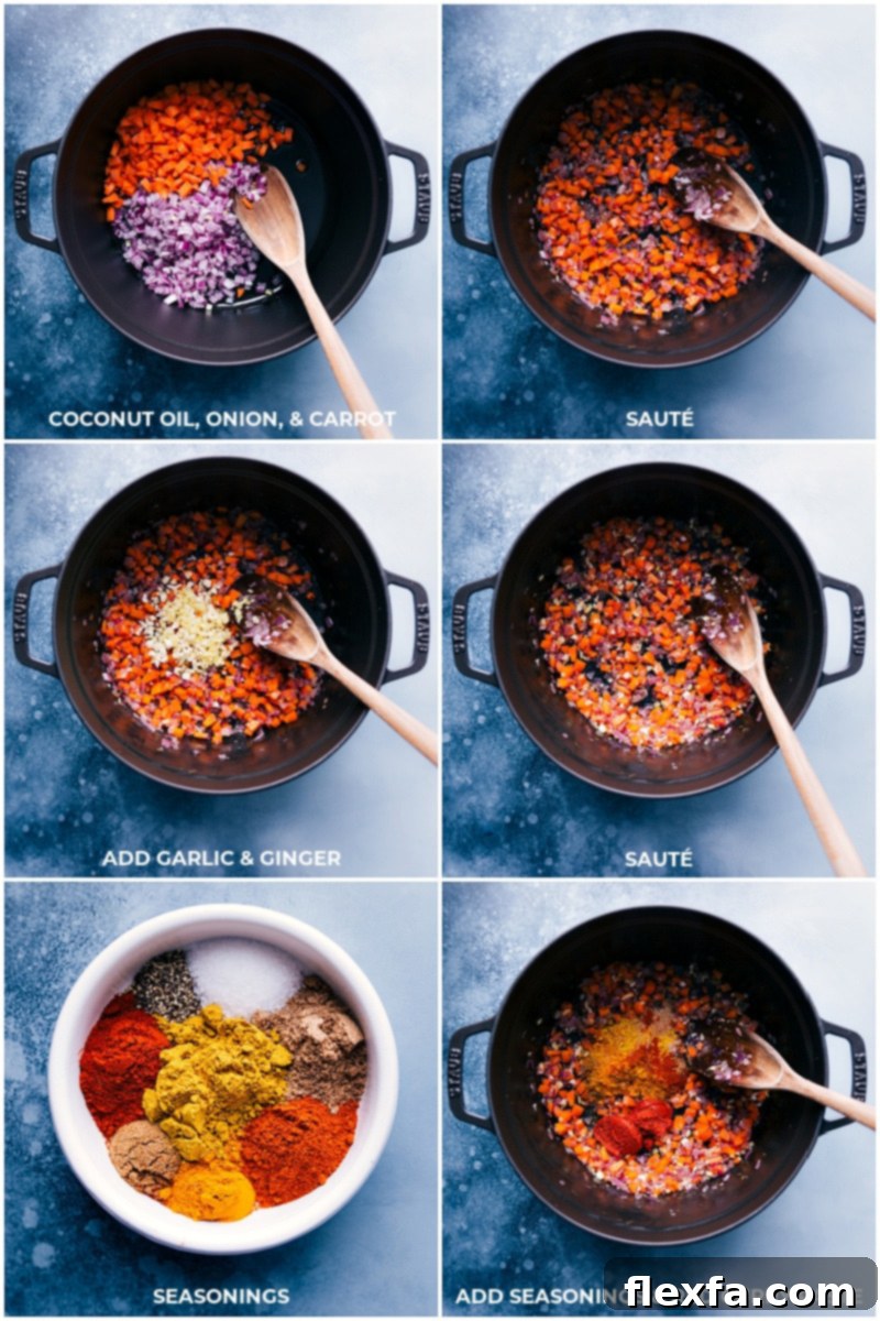 The initial steps of cooking Chickpea Curry, demonstrating how to build a rich flavor base with sautéed vegetables and spices. Step-by-step image showing sautéing coconut oil, diced onion, and carrots, followed by adding minced garlic and ginger, and then aromatic seasonings.