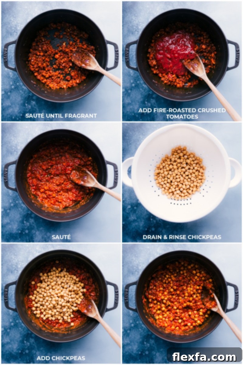 Building the rich and aromatic base of the Chickpea Curry with spices, tomatoes, and chickpeas. Intermediate cooking steps for Chickpea Curry, showing sautéing seasonings and vegetables, adding fire-roasted tomatoes, then rinsed and drained chickpeas to the pan.