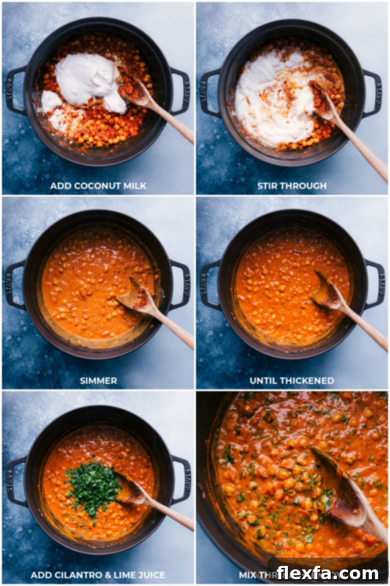 The finishing touches on a creamy and flavorful Chickpea Curry, ready to be enjoyed. Final cooking steps for Chickpea Curry, showing adding coconut milk, stirring and simmering, and then incorporating fresh cilantro and lime juice before serving.