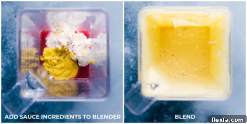 A simple, quick honey mustard sauce being made, perfect for coating chicken sausage, carrots, and broccoli. This sauce is essential for the nutritious and filling 30-minute meal! Images showing the honey mustard sauce ingredients before blending and the smooth, creamy sauce after blending.