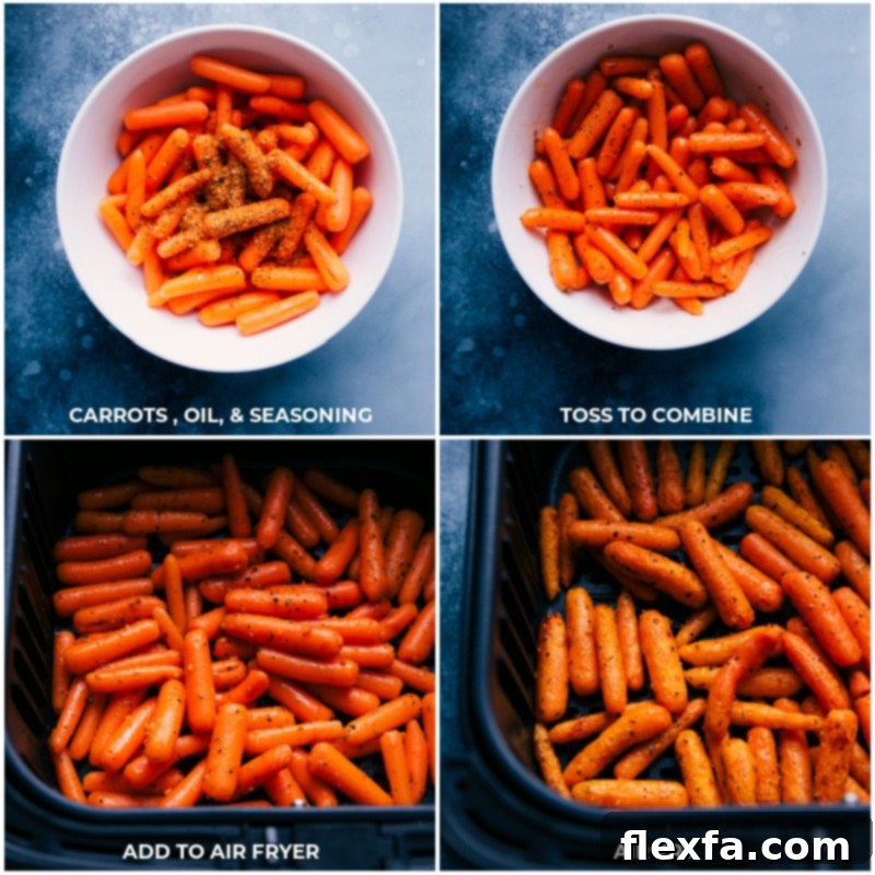 Preparing chicken sausage, carrots, and broccoli by tossing them with herbs and air frying. This process ensures a nutritious, filling, and speedy meal. Process shots: Raw baby carrots are tossed with olive oil and seasoning, then loaded into an air fryer basket and cooked until tender-crisp.