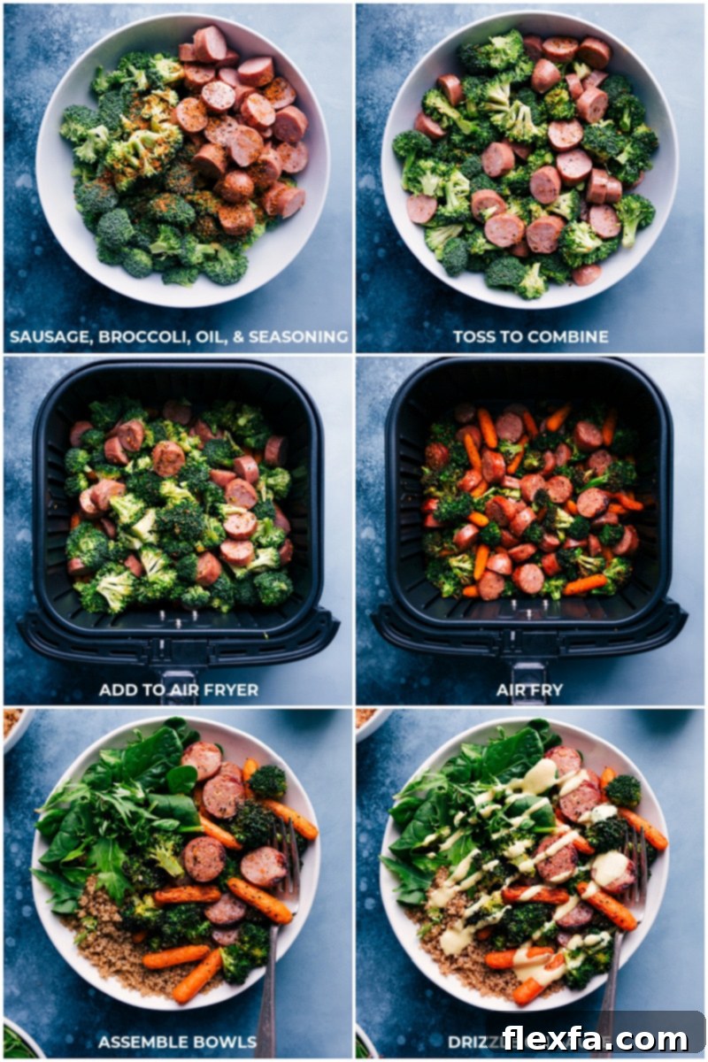 The best ever chicken sausage, carrots, and broccoli are tossed with herbs, and air fried. They're served on a bed of quinoa and mixed greens with a quick honey mustard sauce that coats everything. This meal is nutritious, filling, and can be ready in under 30 minutes! Four bowls of cooked quinoa and mixed greens, topped with air-fried chicken sausage, carrots, and broccoli, and generously drizzled with honey mustard sauce.